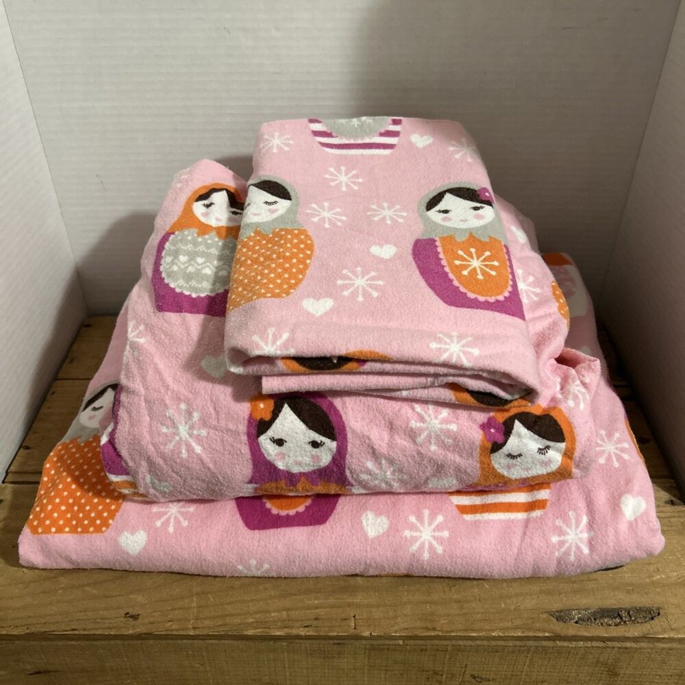 Circo 3 Pc Flannel Sheet Set Russian Nesting Dolls Matryoshka Pink Girl~HTF